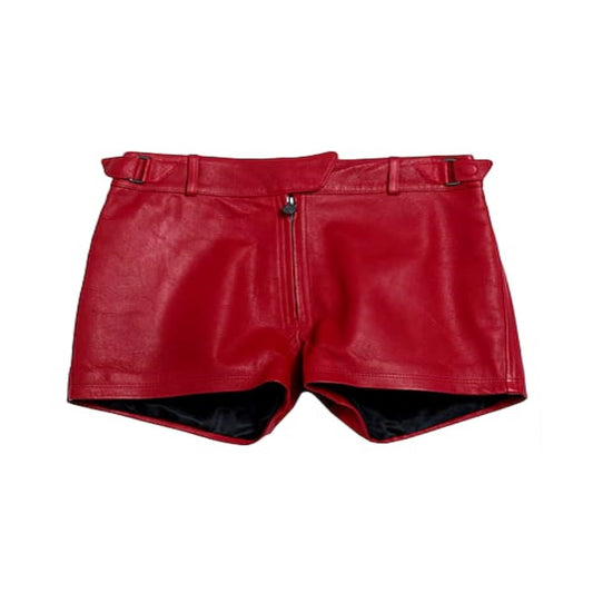 Red Flap Closer Leather Shorts For Women