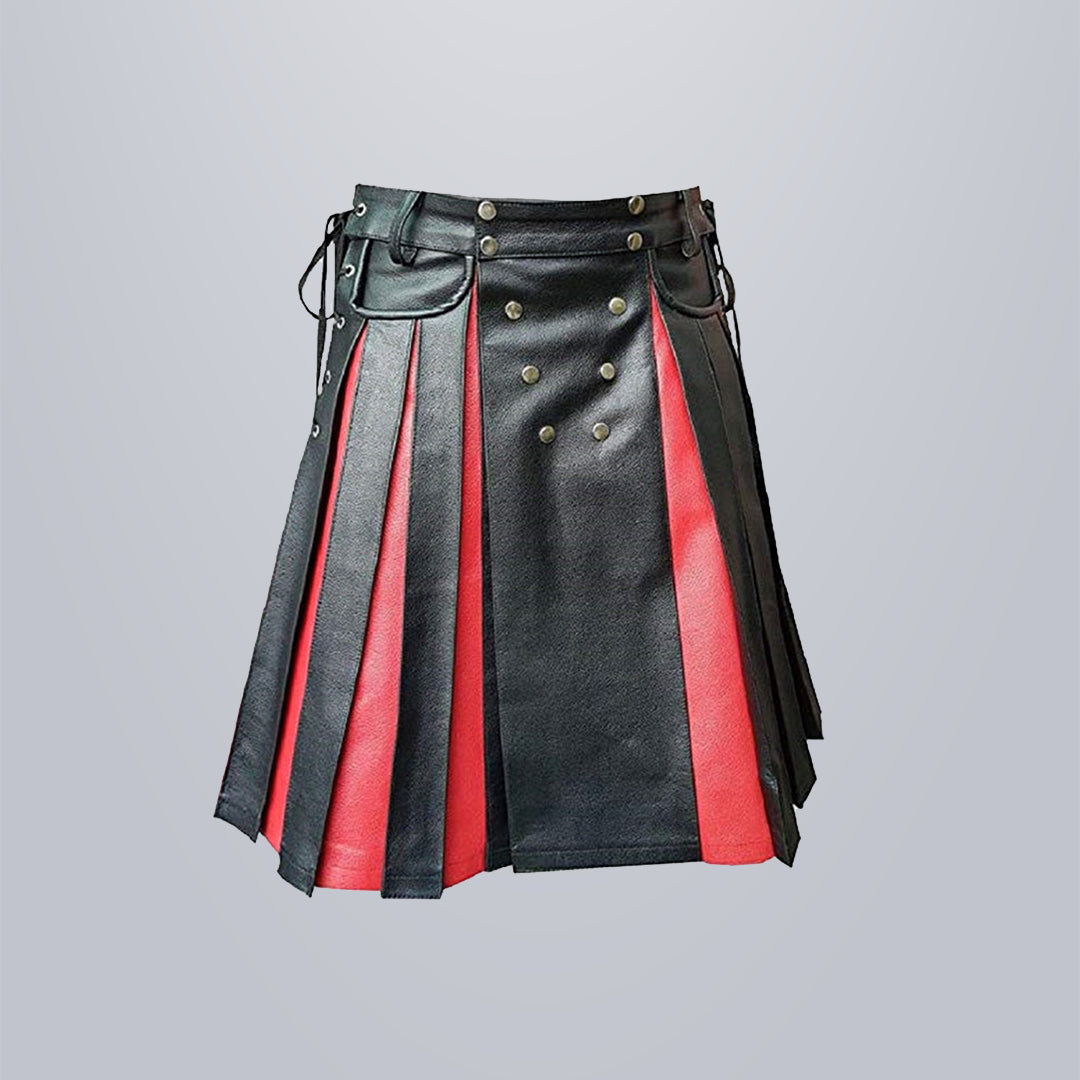 Red_Black Men Leather Kilt 2