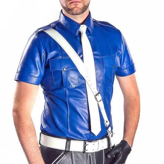 Royal Blue Leather Shirt For Men