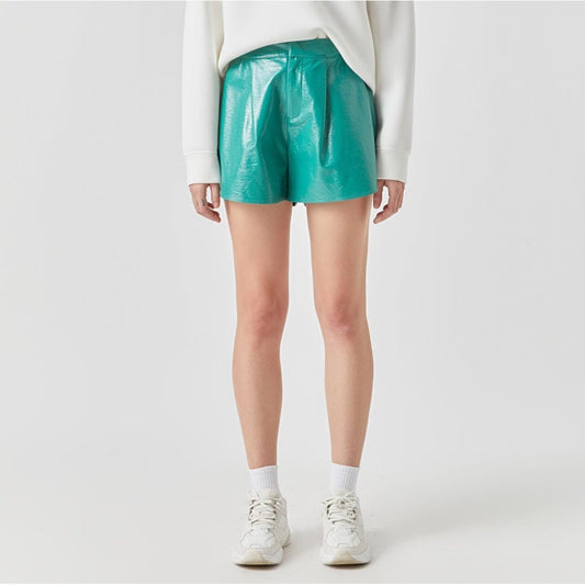 Sea Green Leather Shorts For Women