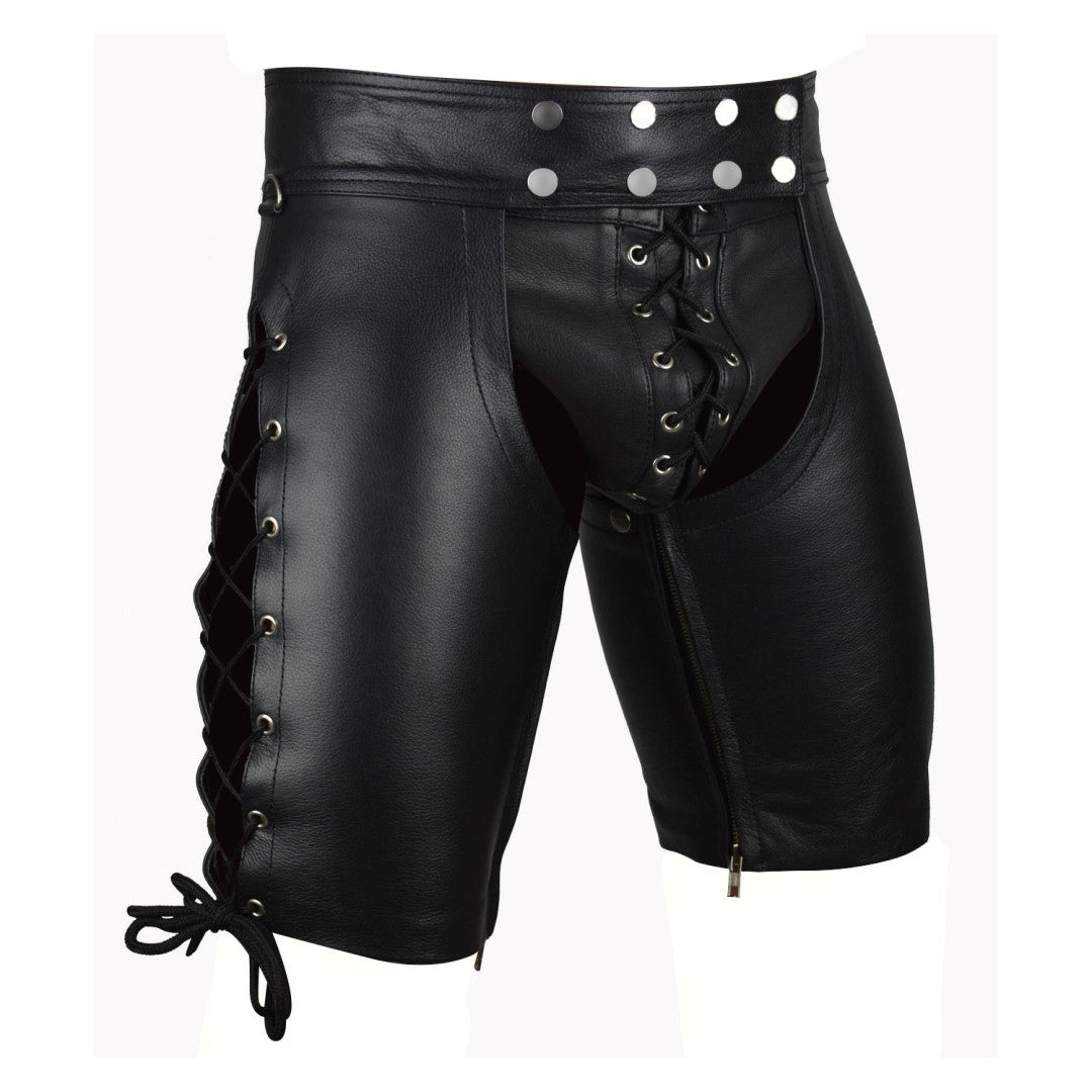 Button And Hook  And Loop Biker Style Leather Shorts