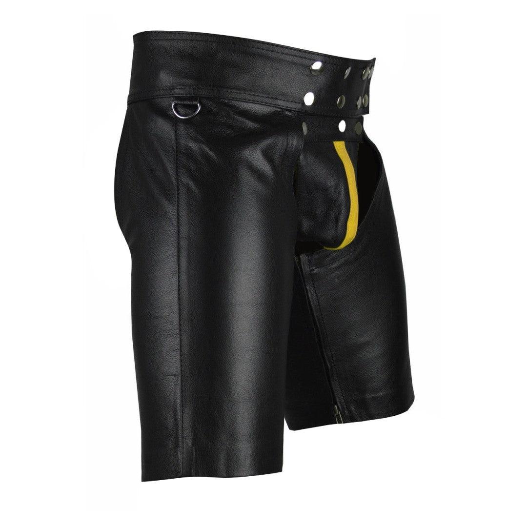 Stylish Button Closer Leather Shorts For Men With Yellow Strap - The Urban Tannery