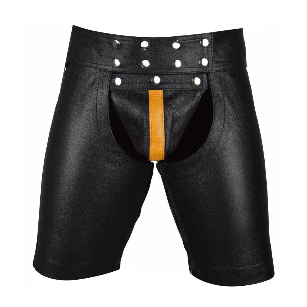 Stylish Button Closer Leather Shorts For Men With Yellow Strap - The Urban Tannery