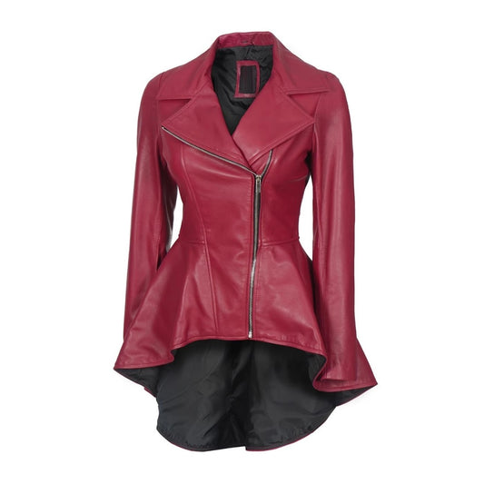 Women Red Leather Jacket With Side Zip Closer