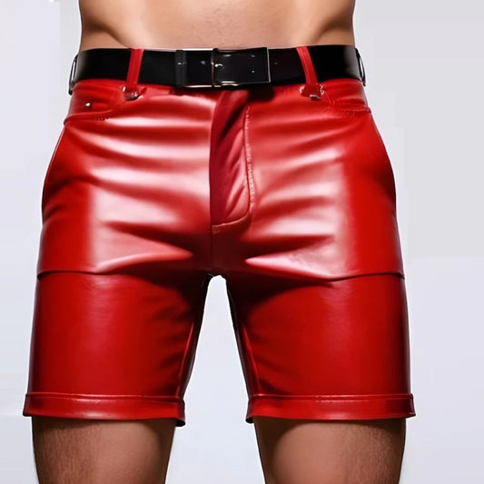 Belted Leather Shorts In  Red Color For Men