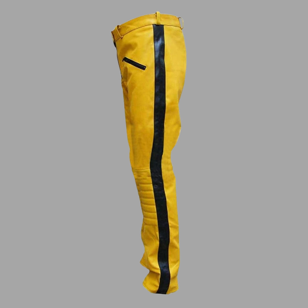 Yellow Leather Pants For Men With Black Strips Design