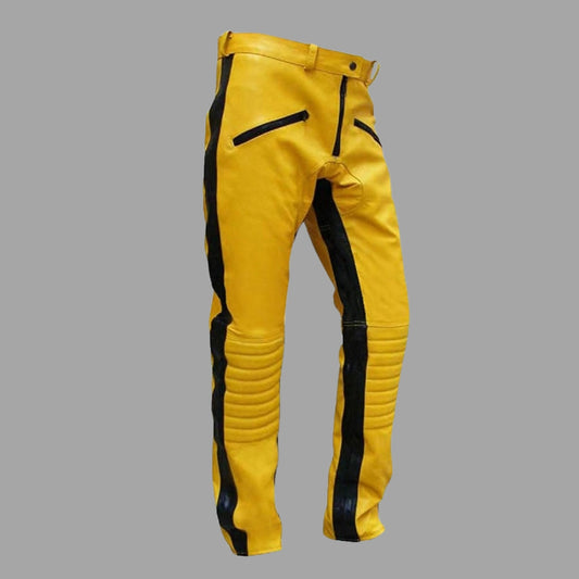 Yellow Leather Pants For Men With Black Strips Design