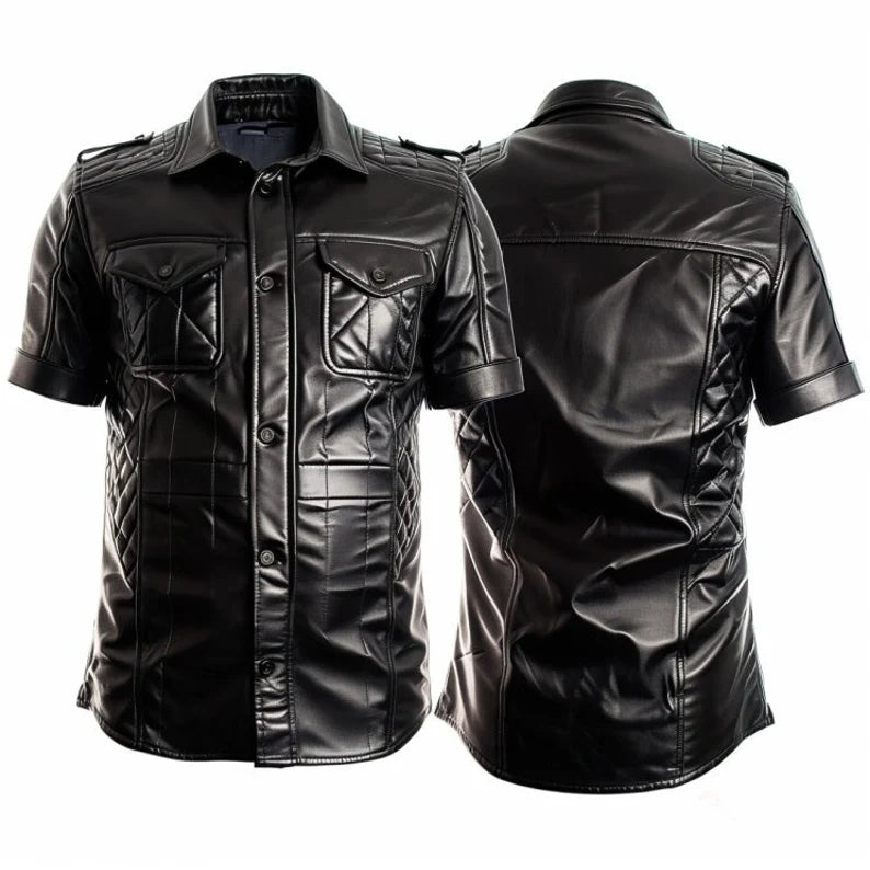 Leather PRIDE Men's Genuine Leather Quilted Short Sleeve Shirt