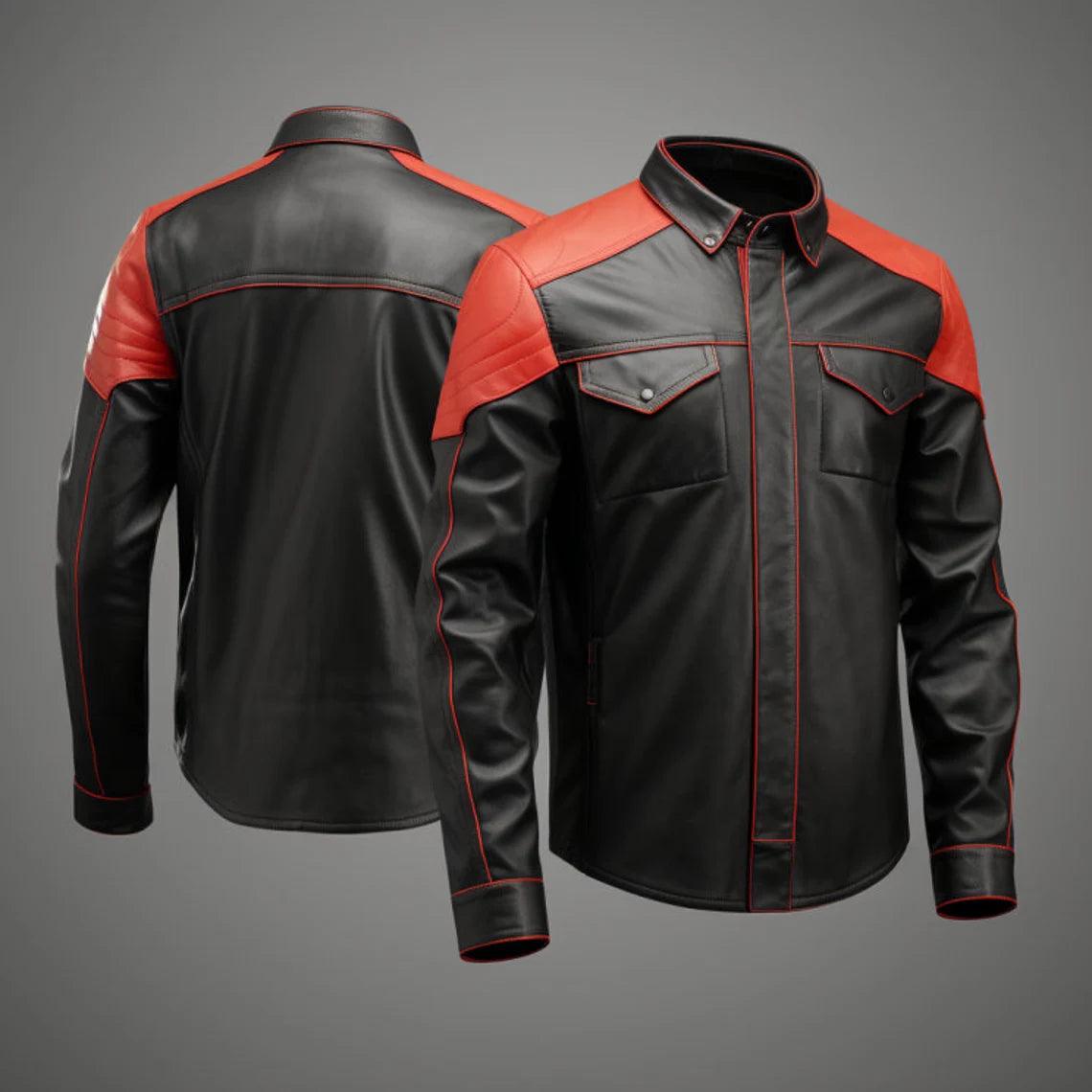 Leather Shirt Jacket red PADDED Style Front - The Urban Tannery