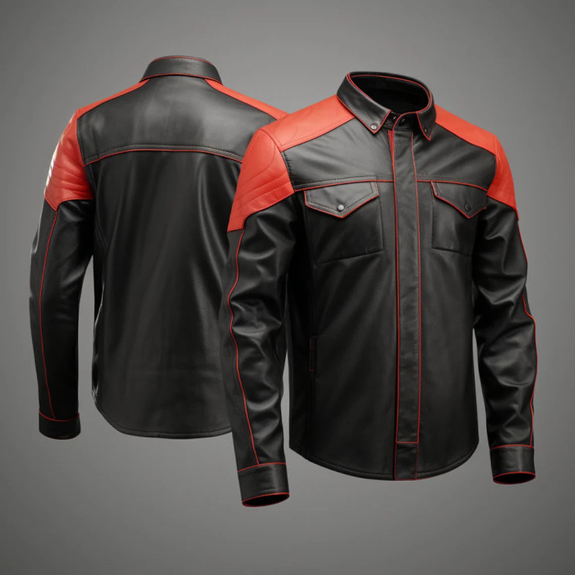 Leather Shirt Jacket red PADDED Style Front