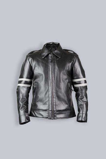 Black Leather Biker Jacket Grey Arm Bands - The Urban Tannery