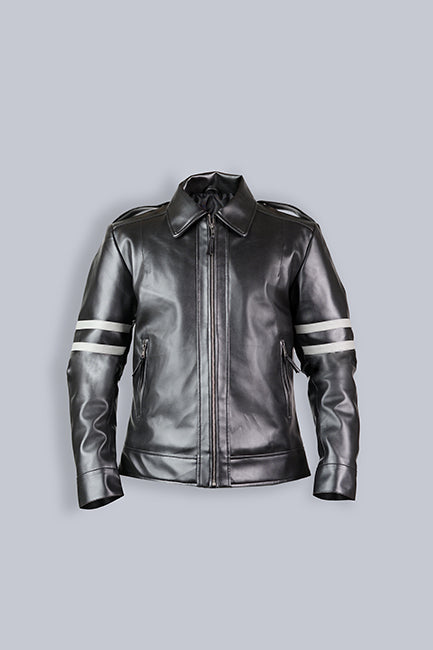 Black Leather Biker Jacket Grey Arm Bands