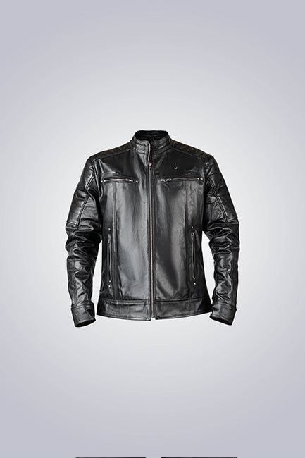 Black Leather Biker Jacket with Quilted Shoulder Design