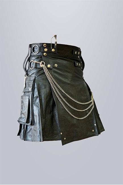 Men Black Leather Super Kilt